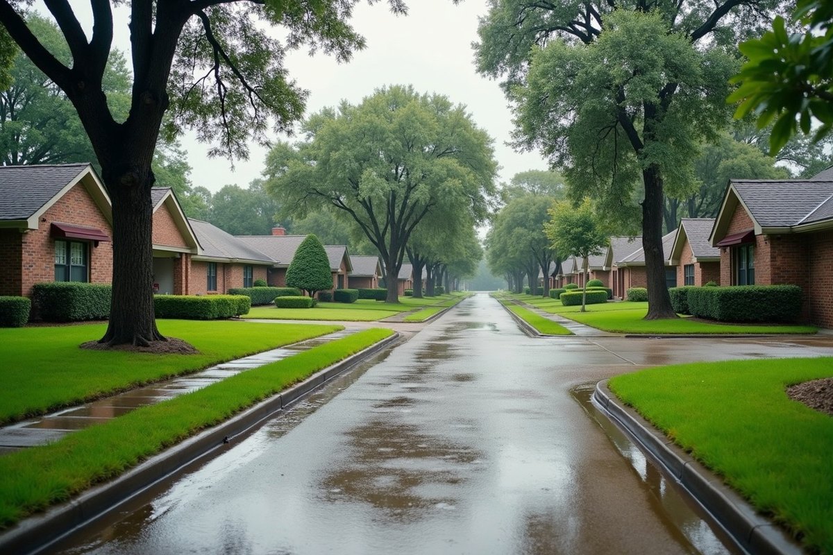 Rainwater ponding along a curb in front of older brick homes on a Tomball street