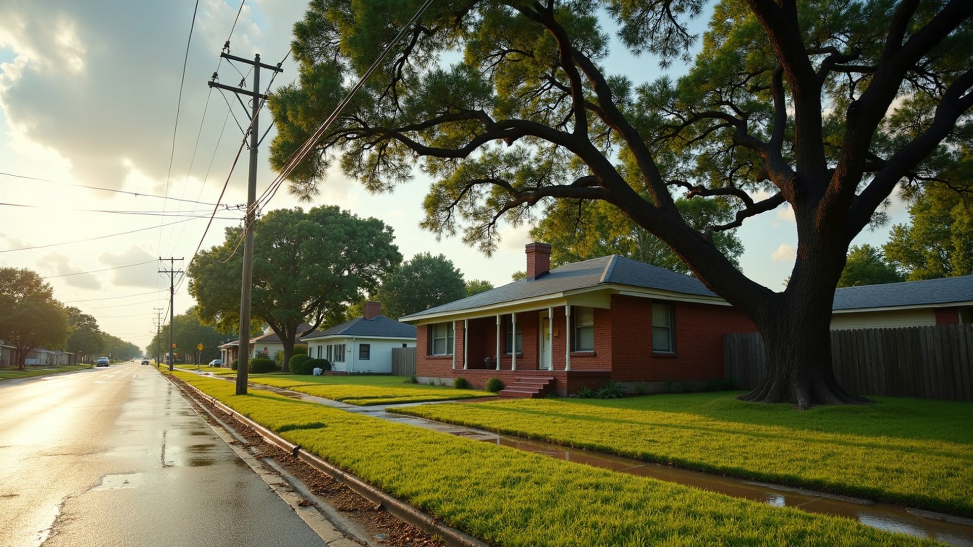 Older brick home with a deep front porch on a tree-lined street in Tomball, Texas, after a heavy rain