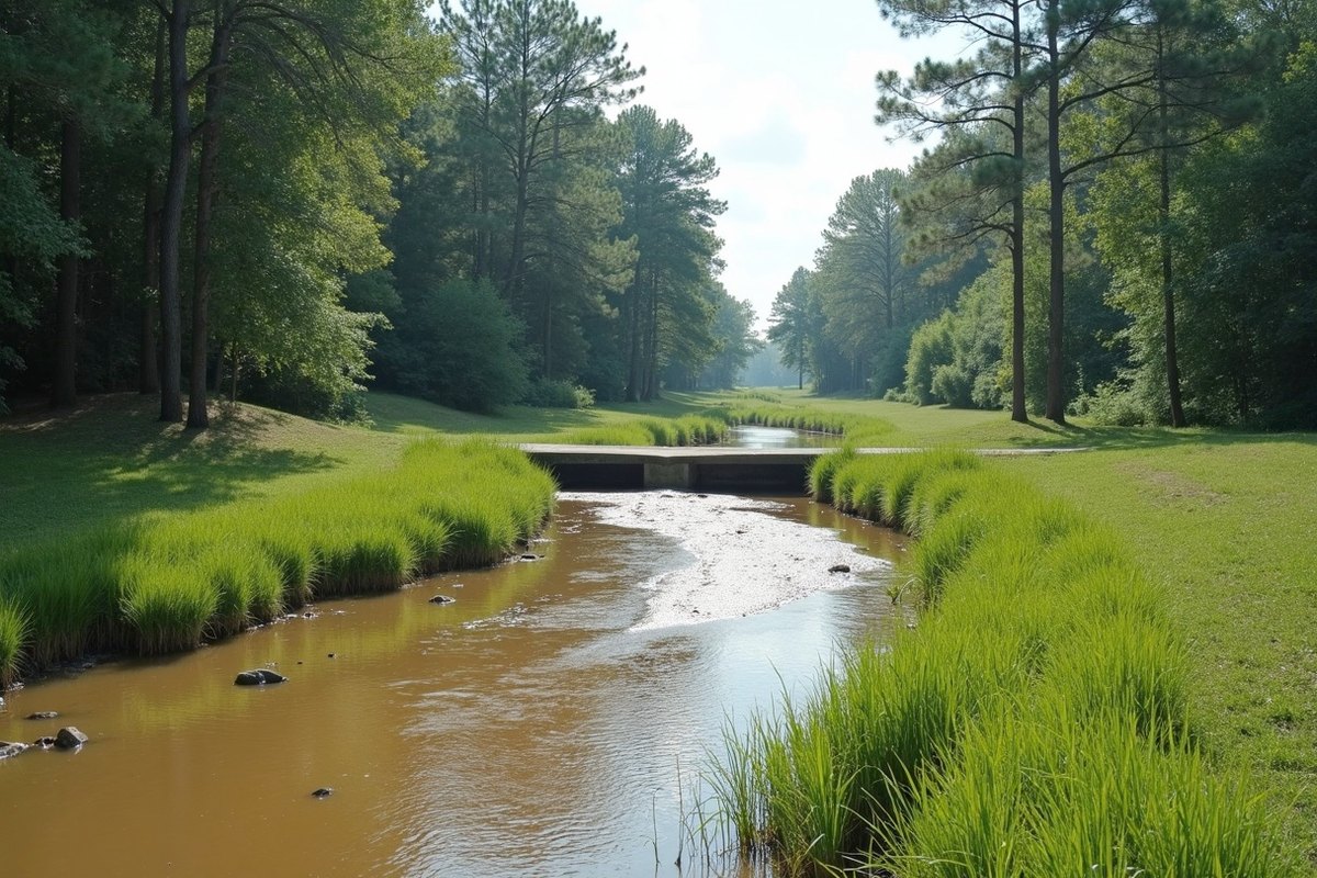 A natural, tree-lined creek in the Tomball area running high and brown after heavy rain