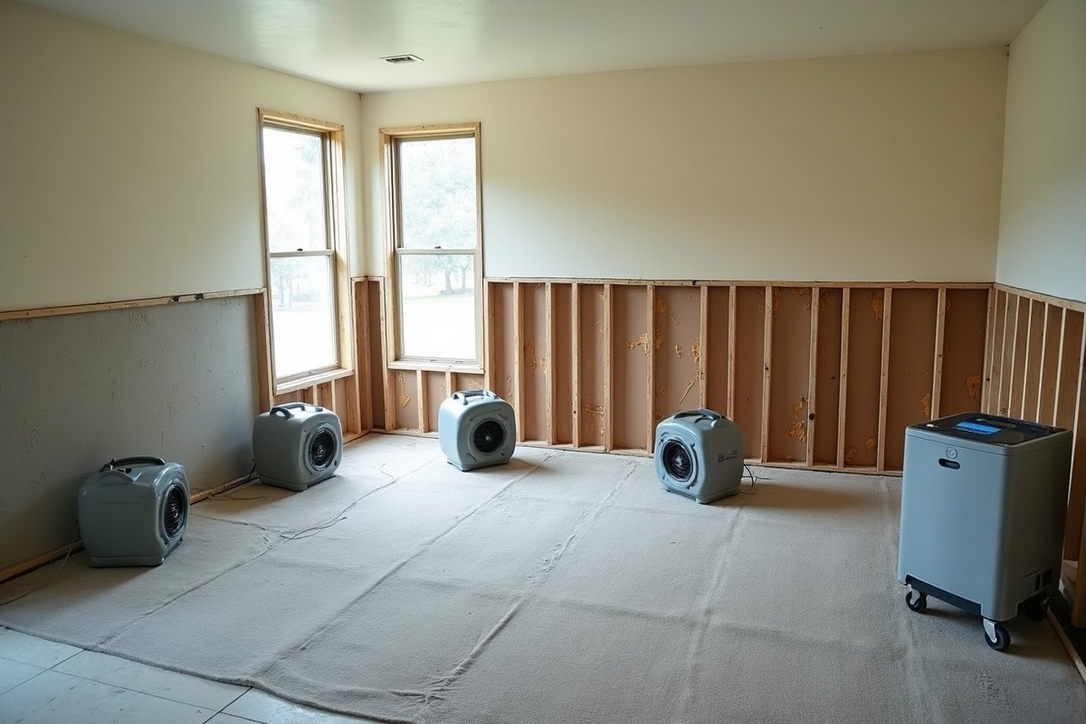 Living room in a Houston slab home with carpet pulled back, baseboards removed and air movers and a dehumidifier running