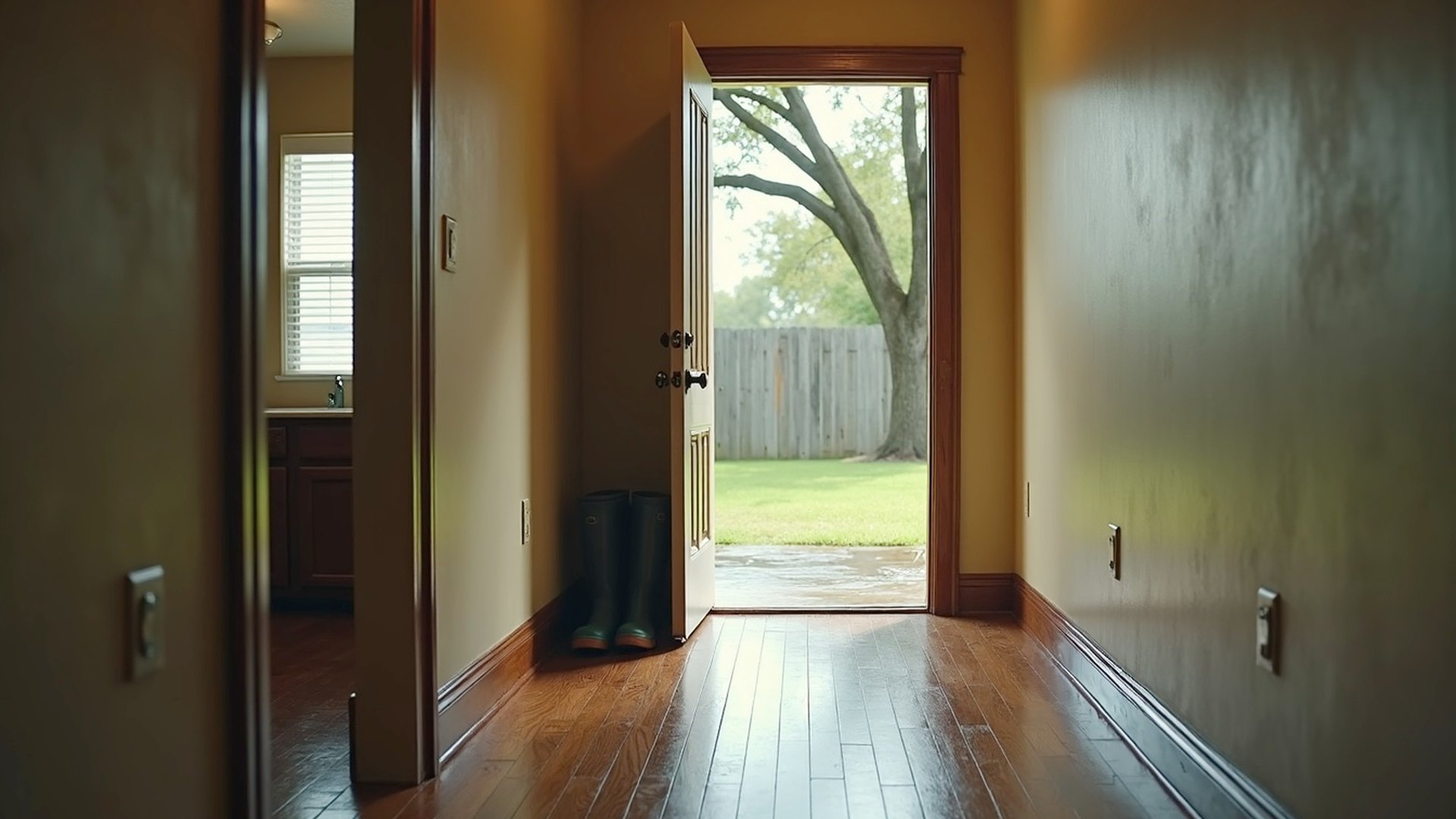 Hallway of a Houston home with wet wood-look flooring, an open front door and morning light, the moment after a pipe leak was found
