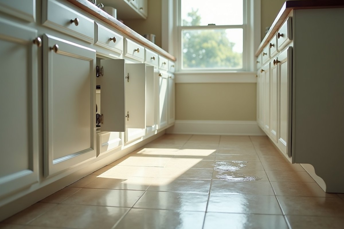 Kitchen in a Houston home with water pooled on the tile in front of the sink cabinet and the cabinet doors open