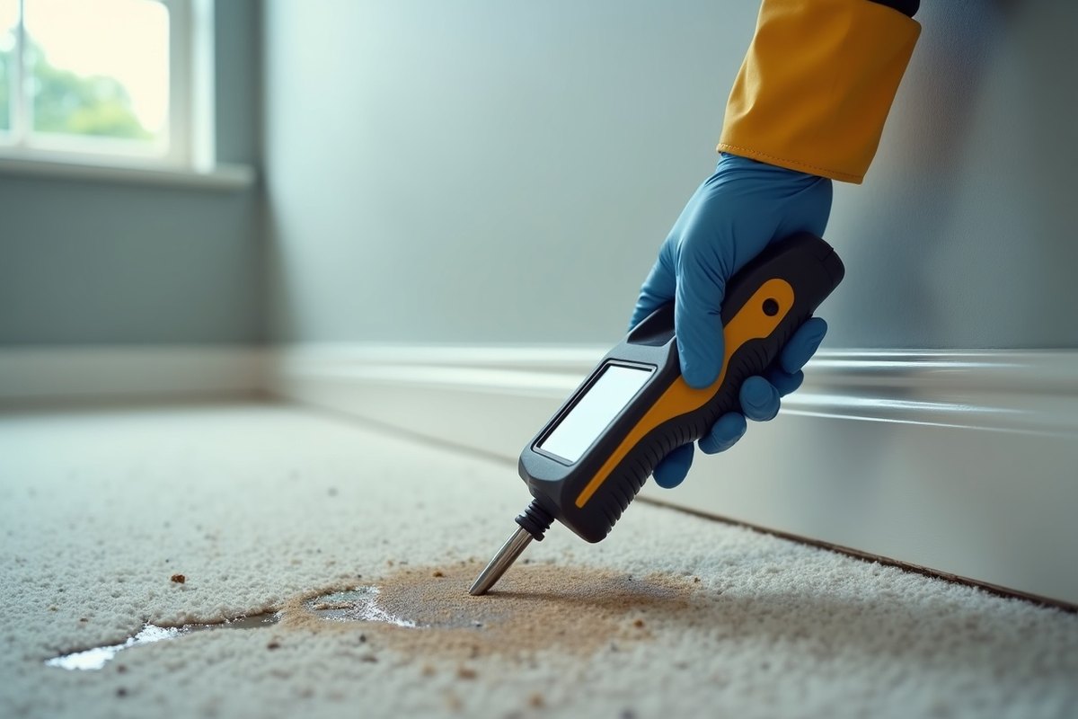 Handheld moisture meter pressed against the bottom of a painted drywall wall above a damp baseboard in a Houston home