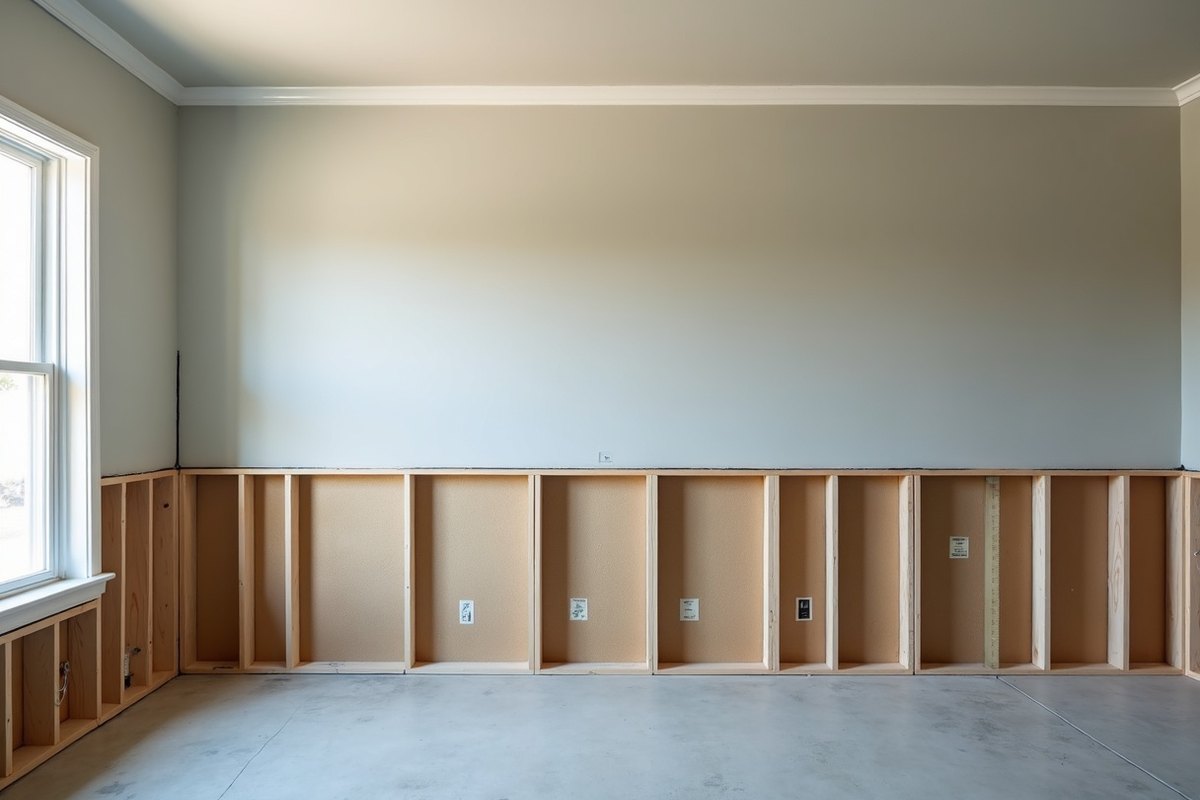 A clean horizontal cut line in drywall two feet above a concrete slab, with dry studs exposed beneath it in a Houston home