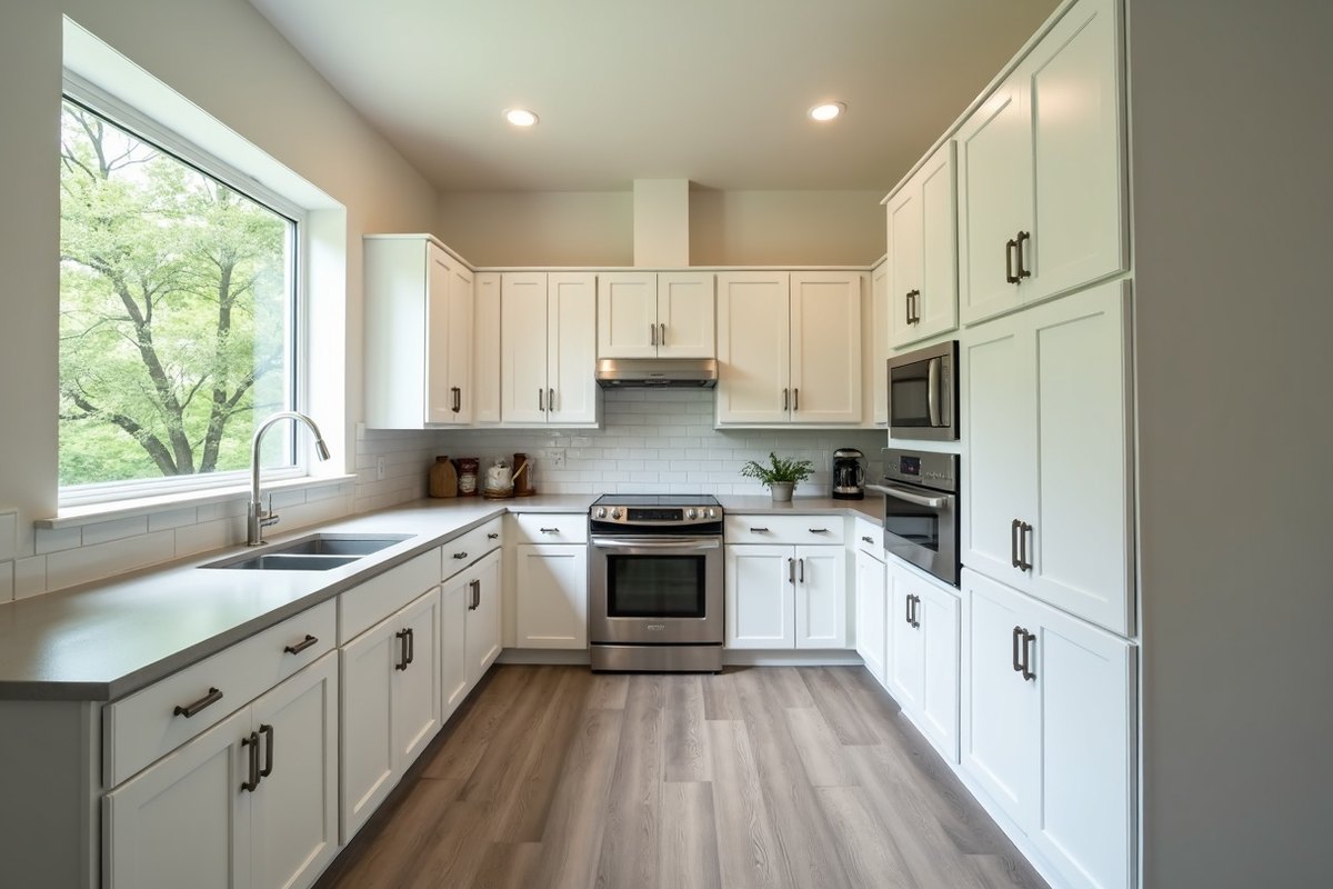 New lower kitchen cabinets installed along a wall in a Houston home with the countertop reset and fresh paint above