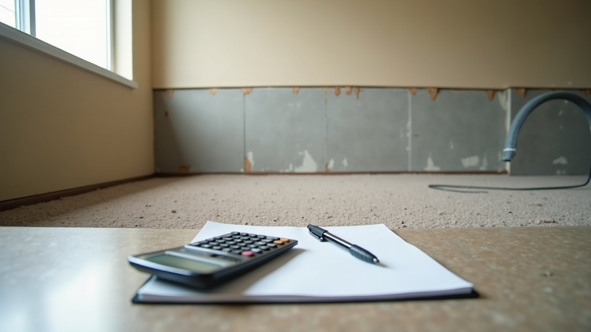 Printed restoration estimate and a calculator on a kitchen counter in a Houston home, with a drying fan running on a bare concrete slab floor in the background
