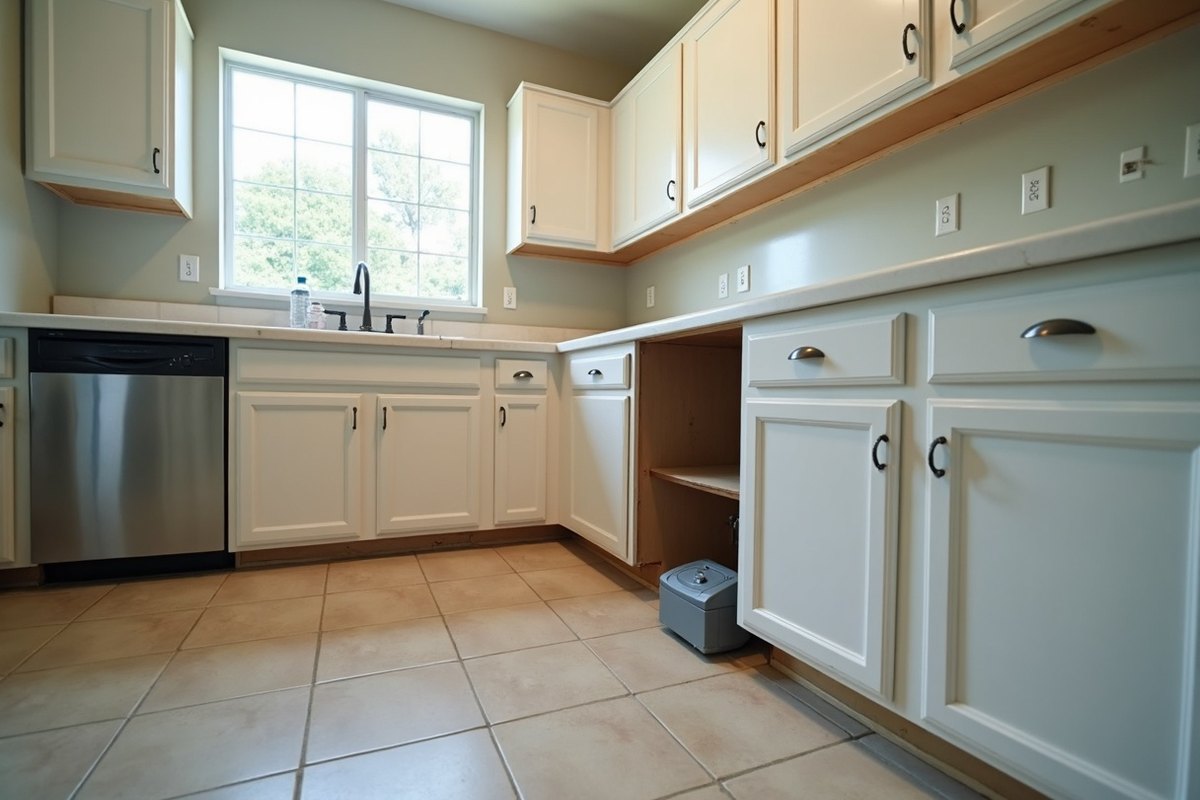 Kitchen in a Houston home with the toe kick removed from swollen lower cabinets after a dishwasher leak, with a tile floor drying