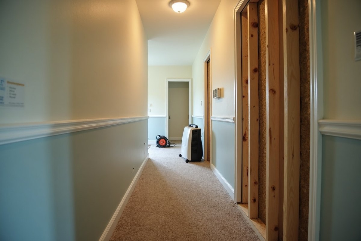 A dehumidifier and an air mover running in a carpeted hallway of a Houston ranch home with the lower drywall cut away