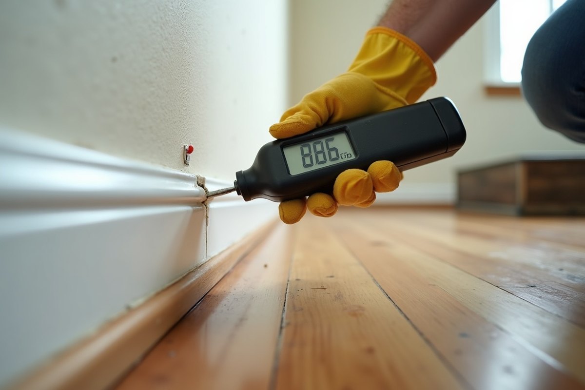A hand holding a moisture meter against the lower part of a painted drywall wall above a wood laminate floor in a Houston home