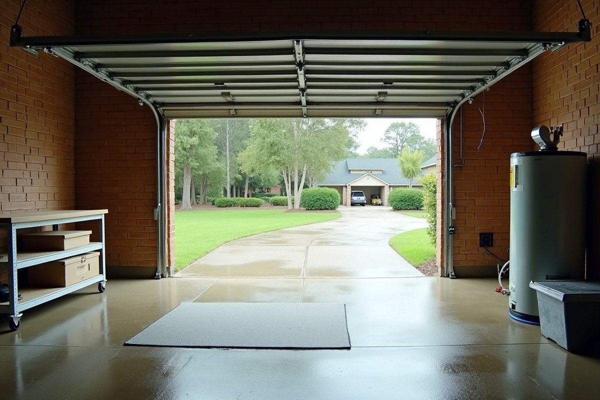 Attached garage of a Webster slab home with a thin layer of water across the floor and boxes lifted onto shelves