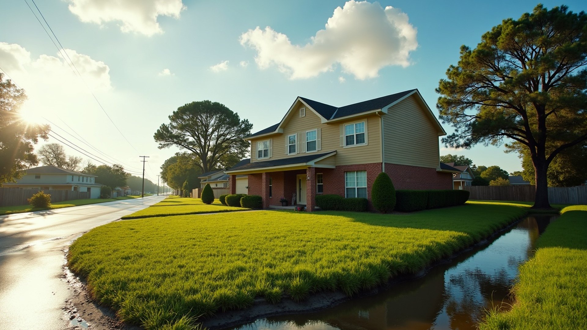 Two-story brick and siding home in Webster after a heavy rain, with a wet lawn, a full roadside ditch and tall pines behind