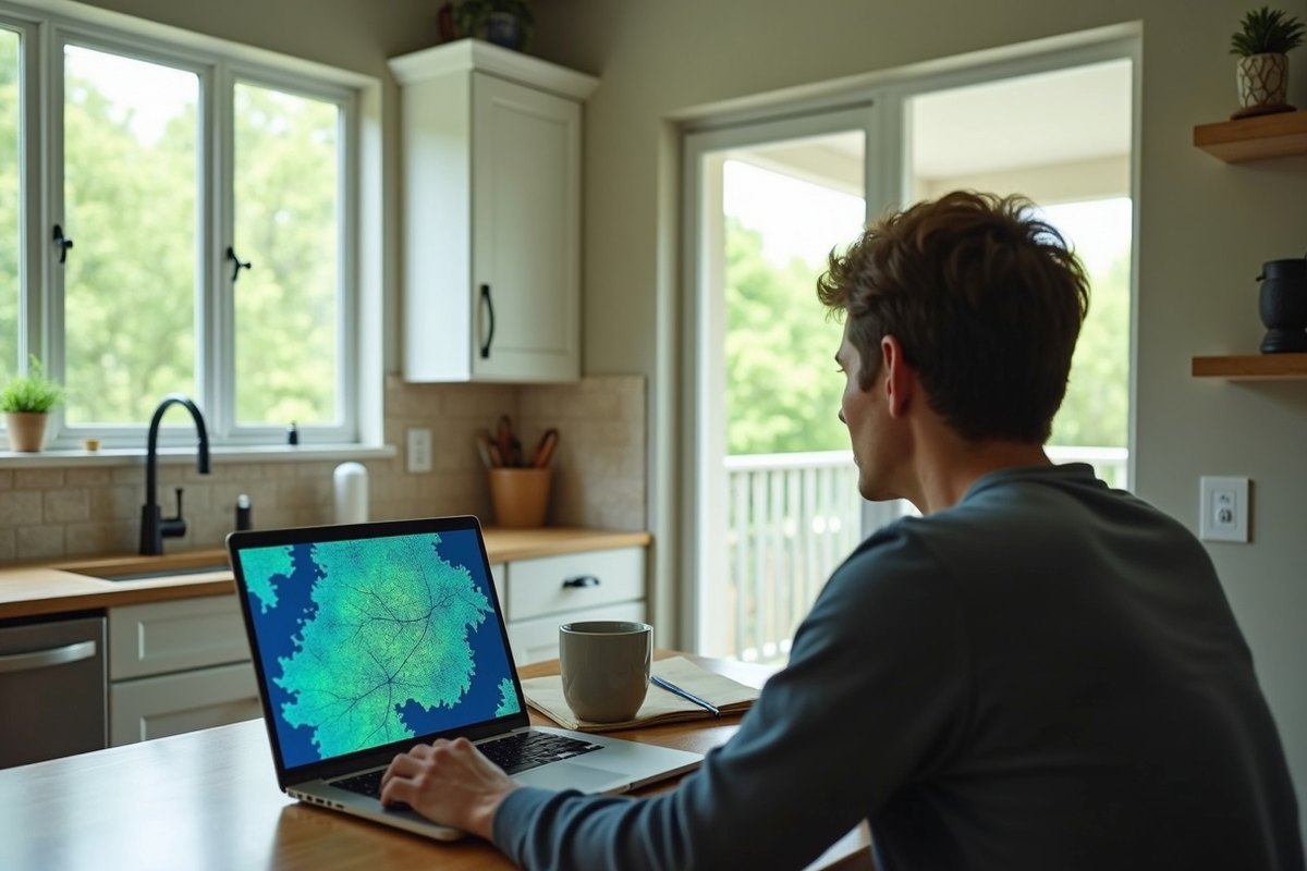 Homeowner seen from behind at a kitchen table in a Houston home looking at a flood map on a laptop screen