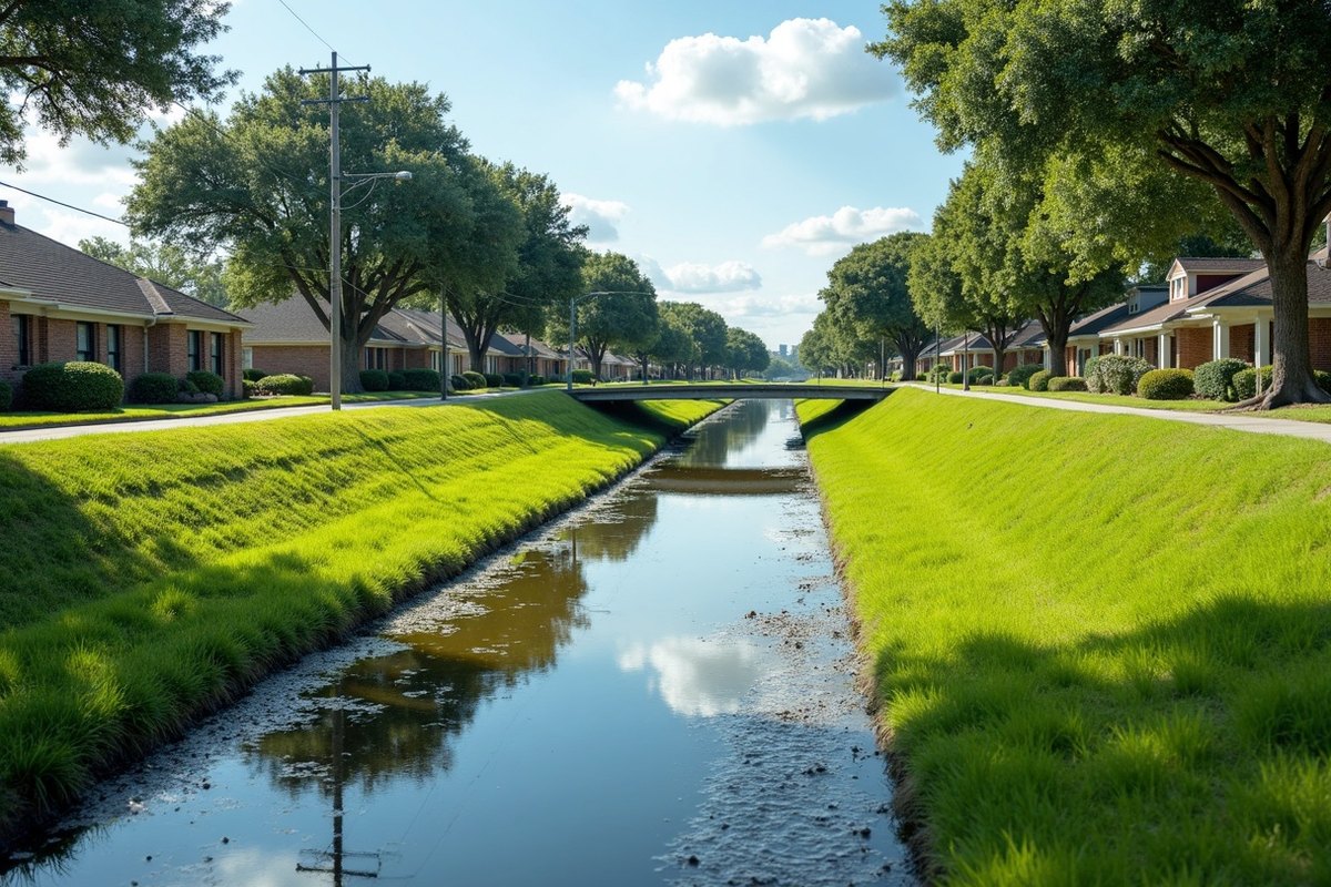 A wide grass-lined drainage channel in a Houston neighborhood with low water, sloped green banks and a concrete bridge
