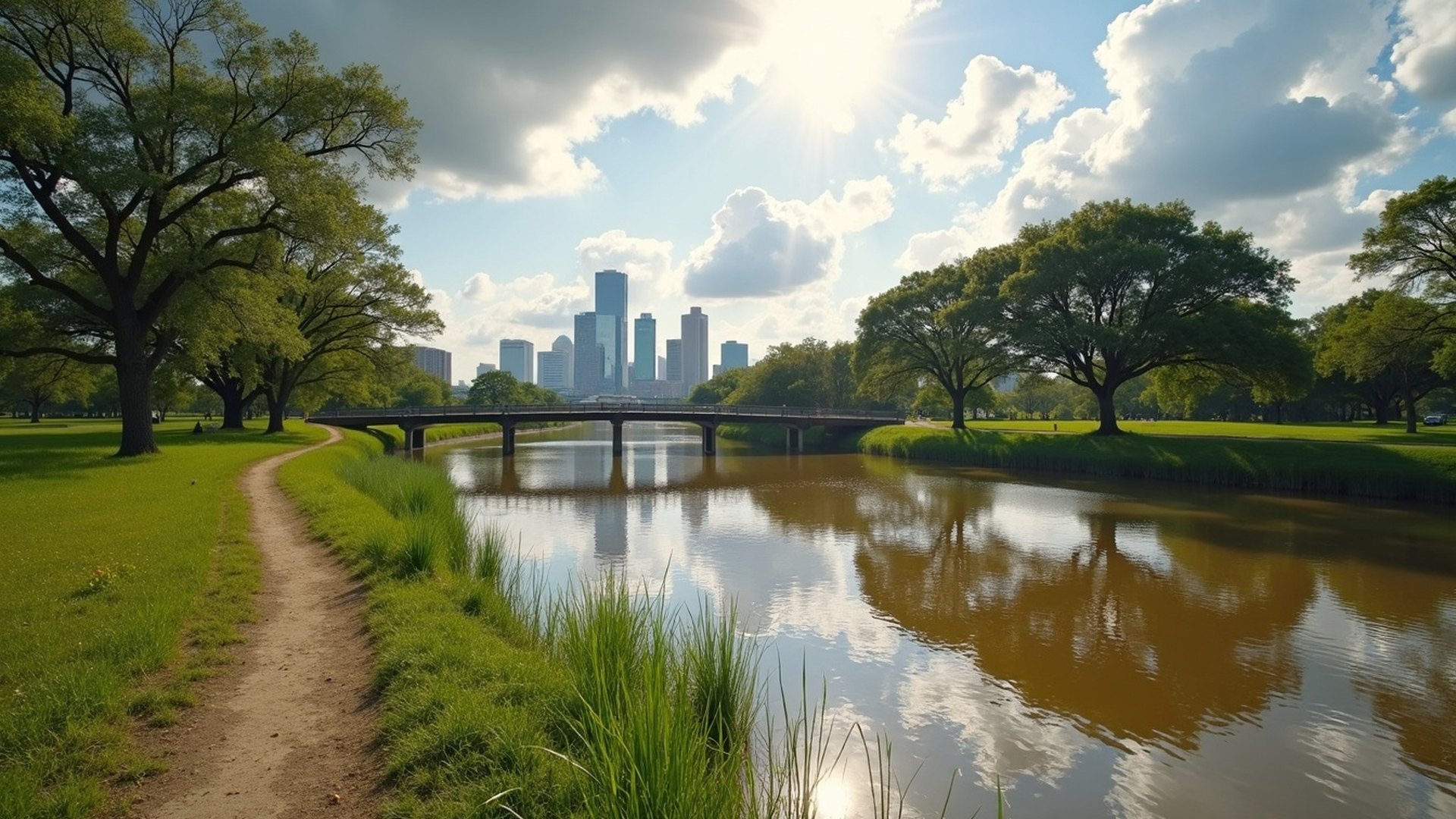 A wide Houston bayou running high and brown between grassy banks under breaking storm clouds, with the downtown skyline in the distance